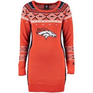 NFL Womens Klew Orange Denver Broncos Big Logo Ugly Sweater Dress Orange Blue XL
